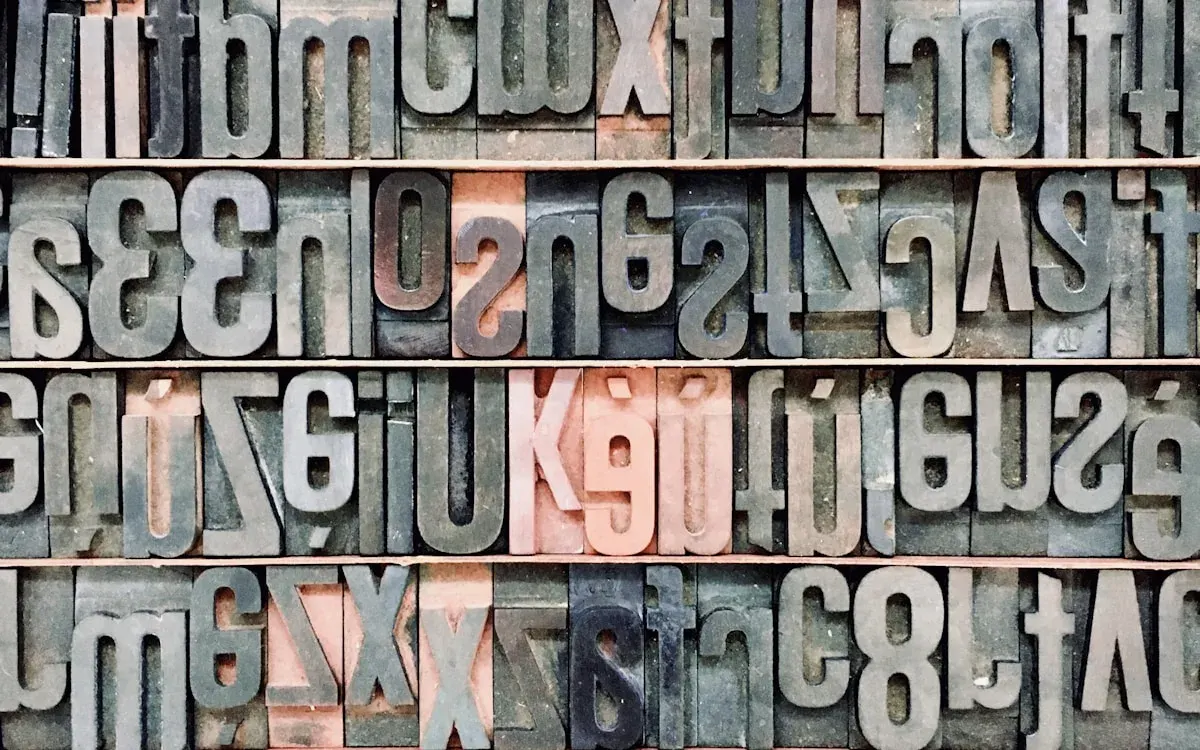 排列在木架中的铅字字模,字符方向左右翻转